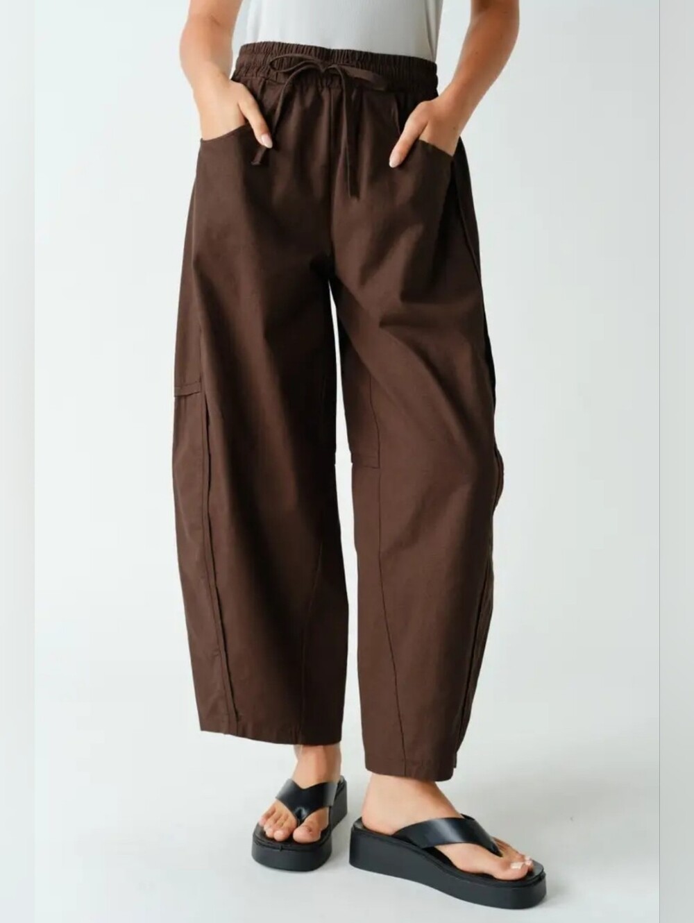 Mono B Brown Wide-Leg Drawstring Pants